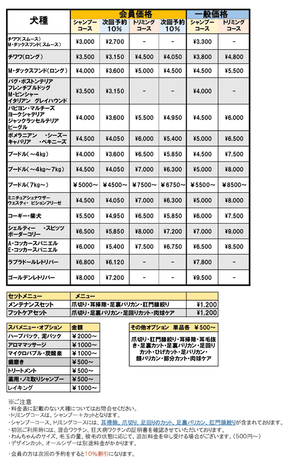 会員価格と一般価格に分かれているコース料金表