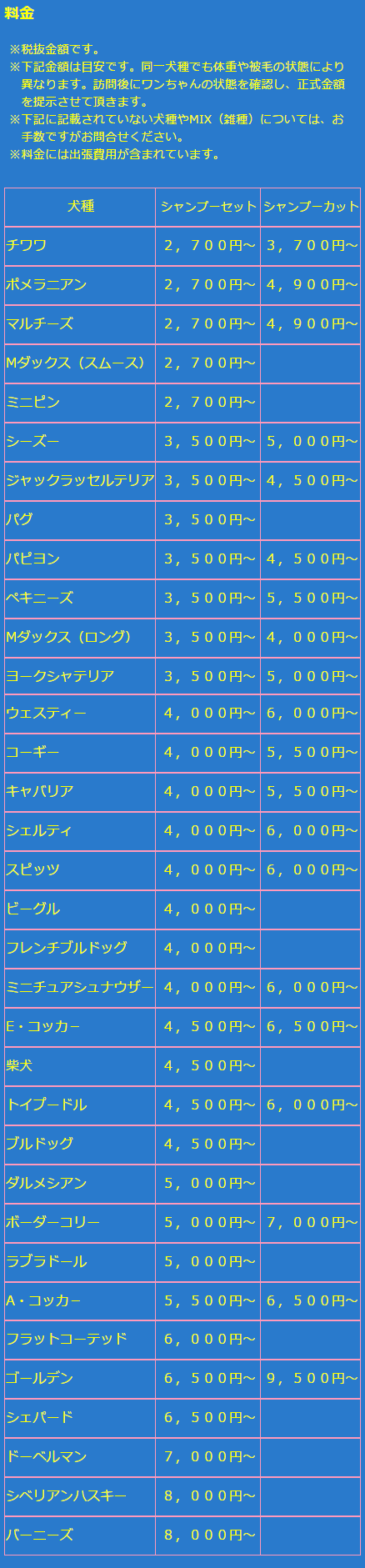 トイプードルのカットなどの価格表